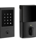 High End Oil Rubbed Bronze Touchscreen Deadbolt With Zwave Smart Home Link And Keyless Entry crafted from solid brass, shown in black finish.