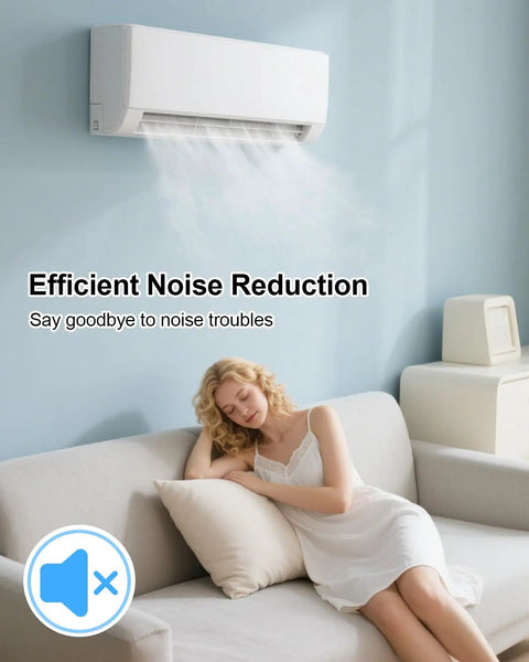 Woman relaxing under a wall-mounted air conditioner illustrating efficient noise reduction