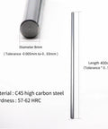 Four Pack 8 mm By 400 mm Case Hardened Chrome Linear Rods For 3D Printers DIY CNC Machines Precision Shafts With Chrome Plating Hrc 62 Tolerance From 7.97 To 7.995 Mm shown with dimensions and material details.
