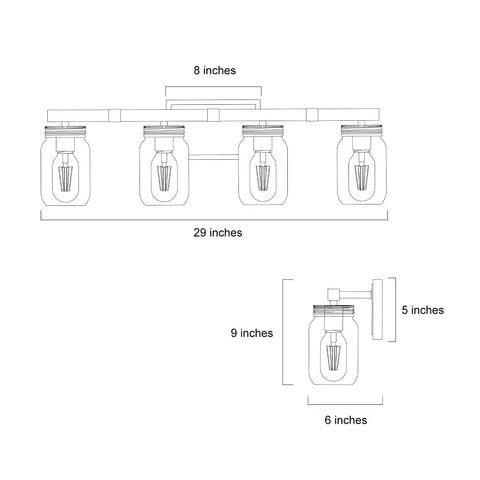 Diagram of Rustic Farmhouse Vanity Light With Mason Jar Glass Shades Four Light Wall Sconces Faux Wood Finish 29 Inch Bathroom