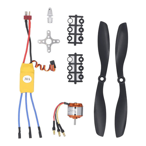 A2212 1400KV Brushless RC Drone Motor With 30A ESC For 2 To 3S LiPo Power, propellers, mount, and connectors displayed