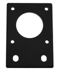 Black motor mount plate with large central circular opening and six mounting holes for NEMA 17 stepper motor