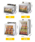 Lock In Fresh Flavors With This Straight Up Electric Food Dehydrator Featuring Six Stackable Trays And Digital Timer For Even Heat Distribution While Preserving Nutrients During Healthy Homemade Snack Preparation, showing models D6, D8, D12, and D18 with trays.