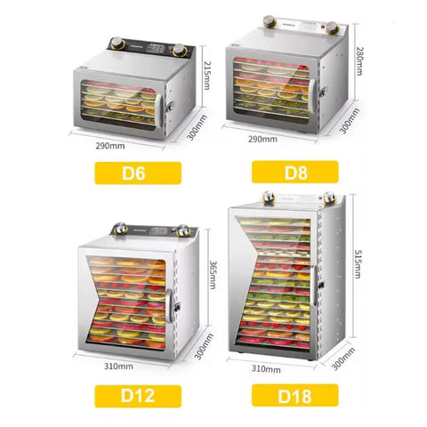 Lock In Fresh Flavors With This Straight Up Electric Food Dehydrator Featuring Six Stackable Trays And Digital Timer For Even Heat Distribution While Preserving Nutrients During Healthy Homemade Snack Preparation, showing models D6, D8, D12, and D18 with trays.