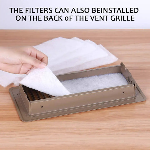 Complete Air Vent Filter Kit For Your HVAC And Home Ducts being installed in a vent grille, showcasing ease of use and electrostatic media.