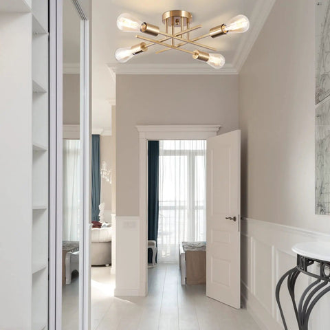 Six Light Sputnik Ceiling Chandelier Dope Modern Semi Flush Mount With E26 Base Brass Finish in a stylish hallway.