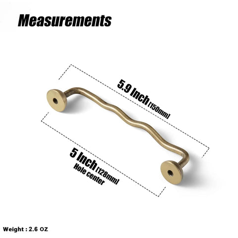 Brushed Antique Brass Wavy Cabinet Pulls With Five Inch Hole Centers shown with measurements