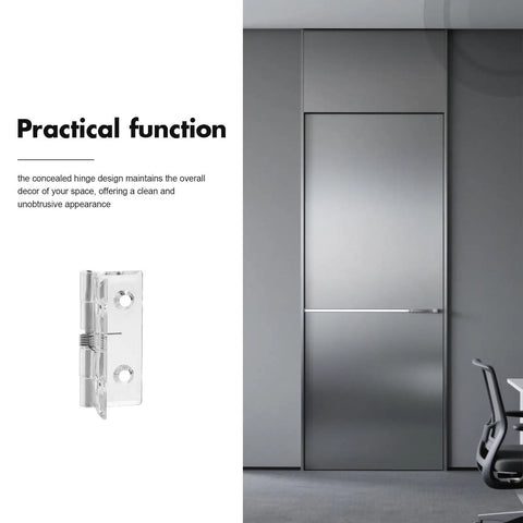 Hidden Acrylic Door Hinges With Self-Closing Spring Mechanism shown next to a sleek modern cabinet door design