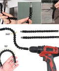 Flexible Drill Bit Extender And Universal Socket Wrench Set With 105 Degree Right Angle Attachment shown in use on drill.