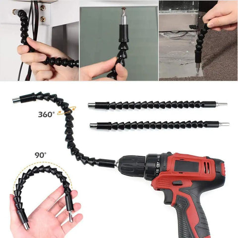 Flexible Drill Bit Extender And Universal Socket Wrench Set With 105 Degree Right Angle Attachment shown in use on drill.