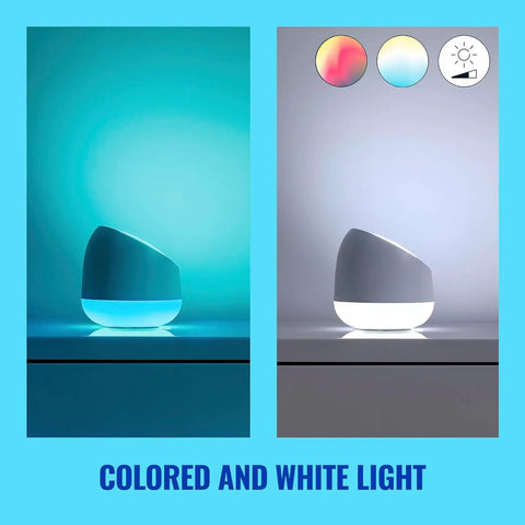 Squire Smart Table Lamp With Motion Activation And Color Changing LEDs Portable Desk Light Controlled By Voice Or App Works With Google Alexa And Siri Shortcuts showcased in colored and white light modes.