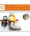 Detail of Snazzy Stainless Steel Air Operated Oil Transfer Pump showing pressure gauge and gold body, designed for high-temperature use.