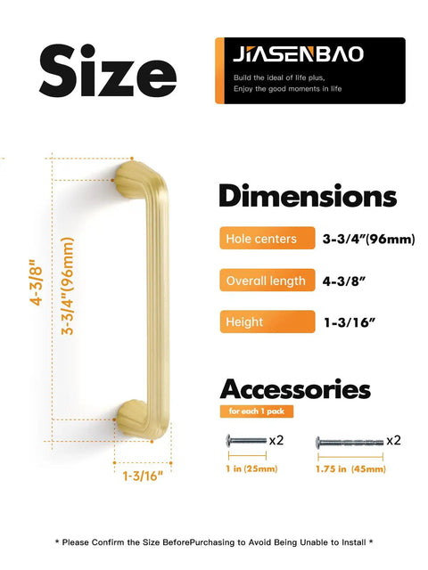 Super Slick 5 Pack Gold Cabinet Pulls With Brushed Brass Finish dimensions and sizes including hole centers and height.
