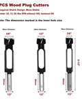 3PCS wood plug cutter set featuring 3/8, 1/2, and 5/8 inch sizes with hexagon shank design for stable cutting use.