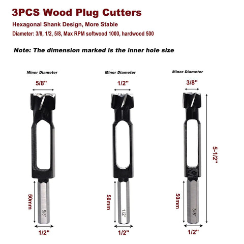 3PCS wood plug cutter set featuring 3/8, 1/2, and 5/8 inch sizes with hexagon shank design for stable cutting use.