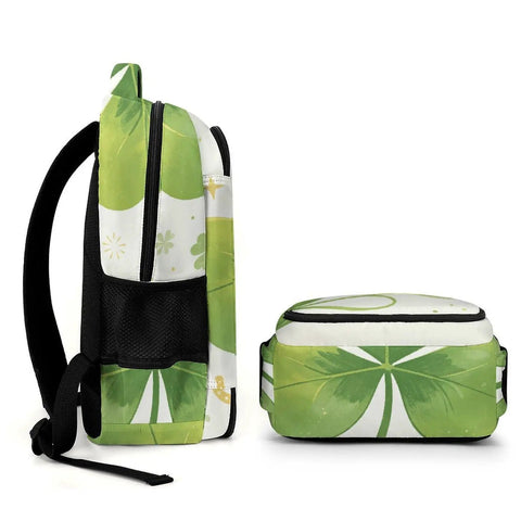 Side and bottom view of Green Three Leaf Clover Printed Unisex Backpack With Large Capacity, Durable Polyester Build, Smooth Zipper.
