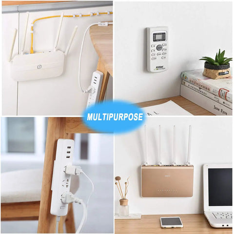 Four Pack Self Adhesive Power Strip Holders Wall Mount Brackets With Sixteen Cable Organizer Clips in use on various devices