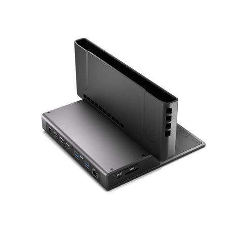 Legit Thunderbolt 5 MacBook Docking Station Delivering Triple 4K 144Hz Screens And 140W Rapid Charge With Eleven Blazing Fast Ports In Clean Space Black Shell, rear view with ports.