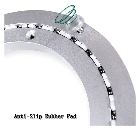 Close-up of Heavy Duty Turntable Bearing With Silent Slewing Ring For Lazy Susan and Rotating Table Plate showing ball bearings and rubber pad.