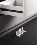 16 Pack L Shaped Corner Braces For Furniture And Tables, Cold Rolled Steel Brackets With Screws next to open drawer