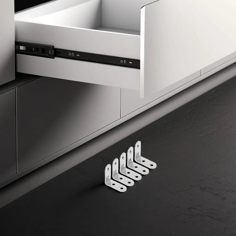 16 Pack L Shaped Corner Braces For Furniture And Tables, Cold Rolled Steel Brackets With Screws next to open drawer