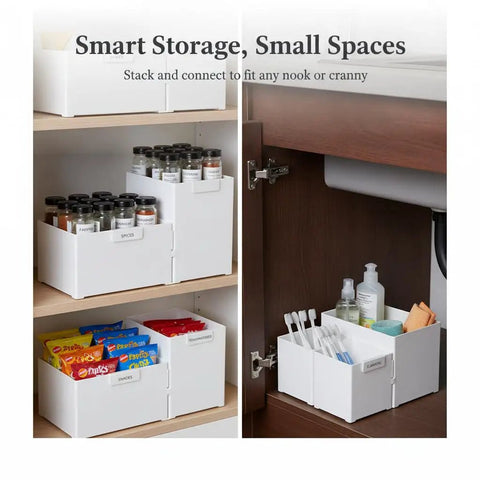 Versatile Big Capacity Heavy Duty Stackable Storage Bins Open Top Space Saving Closet Organizer With Slick Zero Hassle Design For Bedroom Bathroom And Kitchen Game Changer, with organized spices and snacks.