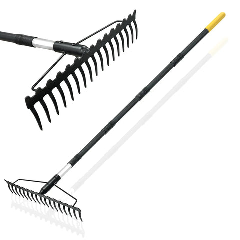 Heavy Duty Bow Rake With 68 Inch Adjustable Handle, 17 Steel Tines, Dual Sided Metal Garden Tool for Soil Loosening, Leaves, Mulch