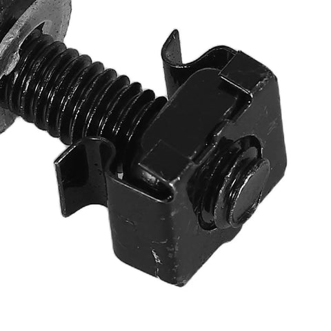 Heavy Duty Stainless Steel Rack Screws And Cage Nuts 1mm Thread Quick Fit Rock Solid Server Cabinet Mounting Kit close-up of threaded screw and cage nut.