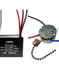 Ceiling Fan Pull Chain Switch With Three Speeds And Four Preinstalled Wires Includes CBB61 Capacitor Set Easy Install shown.