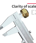Vernier Caliper Dual Reading Scale 0-6 Inches And 0-150mm Metal Gauge Tool measuring a bolt, close-up of the scale