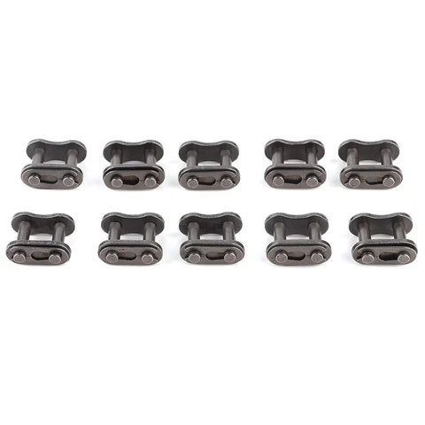 Ten Pack 428 Roller Chain Master Links Heavy Duty Steel Motorcycle Chain Connectors arranged in two rows.