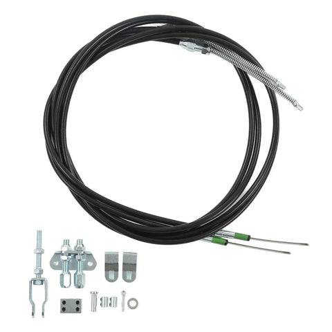 Universal Boss Grade Parking Brake Cable Kit With Reinforced Abs Plastic Handbrake Assembly Built For Custom Whips And Heavy Duty Trucks Bulletproof Fit For Drum Or Disc Brakes No Sweat Install with cables and hardware.