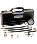 Front view of Mityvac MV5530 engine compression test kit with gauge, hoses and adapters in black case