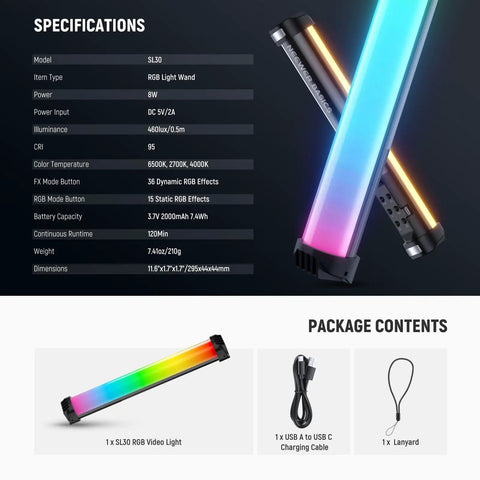 Basics 12 Inch Magnetic RGB Light Wand Dimmable 8W LED With 51 RGB Modes, package contents include USB-C cable and lanyard.