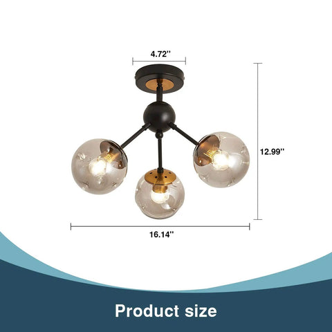 3 Light Vintage Semi Flush Mount Glass Globe Chandelier In Black Finish with product dimensions