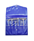 Front view of six-piece precision telescoping gauge set in a blue roll-up pouch; chrome T-handle gauges labeled A–F
