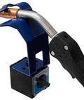 Arc-Zone MIG welding torch holder with magnetic base on blue metal stand; welder torch gun support.