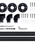 Legit Heavy Duty Galvanized Steel Pipe Stair Handrail wall mounted kit includes matte black pipes, connectors, screws, and tools.