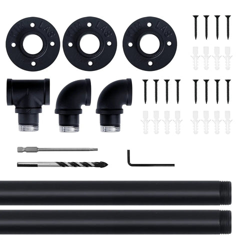 Legit Heavy Duty Galvanized Steel Pipe Stair Handrail wall mounted kit includes matte black pipes, connectors, screws, and tools.