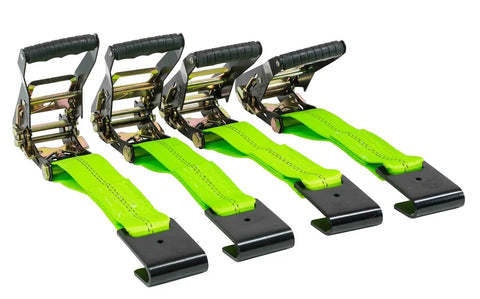 4 Pack 2 Inch By 96 Inch Car Tie Down Straps For Trailers With Flat Hooks, 3333 Lb WLL, High Visibility Green, Lasso Style Tire