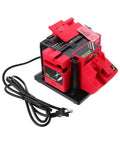 Top Shelf Electric Knife Sharpener For Kitchen Blades And Drill Bits Quick Multi Function Tool with red casing and power cord.