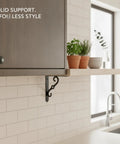 Beefy Triangular Carbon Steel Wall Shelf Bracket For Floating Shelves Matte Black Heavy Duty Mount in modern kitchen scene