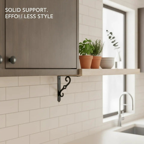 Sturdy Triangular Wall Shelf Bracket Made From Beefy Carbon Steel For Floating Shelves, Matte Black Finish in kitchen setting