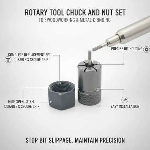 Rotary Tool Chuck And Nut Set With High Speed Steel For No Slip, Rock Solid Grip On Bits In Woodworking And Metal Grinding, Stable Bit Retention For Precise Carving, Grinding, And Drilling Tasks., HSS chuck and nut set shown with installed bit