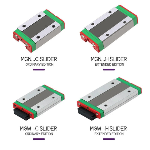 Four types of Guideway Linear Slide Bearing Block for MGN12CH and MGW12CH Carriage Block for 3D Printers and CNC Machines.
