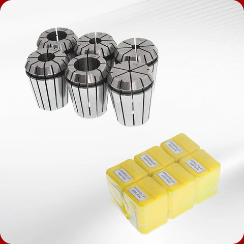 ER32 Spring Collet Set Six Piece One Eighth To Three Quarters Inch Range For CNC Milling Lathe Tooling And Work Holding Engraving Machine Built Tough With High Precision 0.015 MM Accuracy showing collets and packaging
