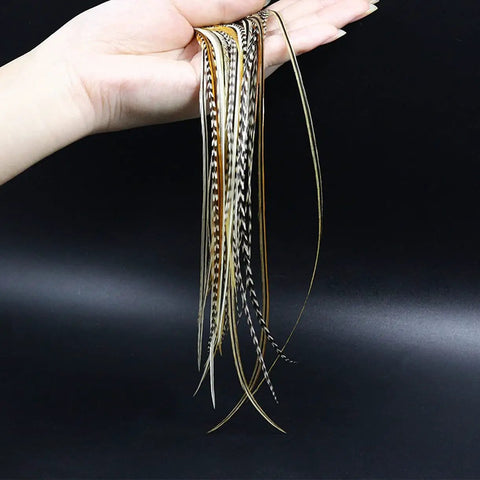 Hand holding Rooster Saddle Fly Tying Feathers Pack For Midge And Dry Fly Hackle, 9 To 11 Inches, Mixed Colors, 10 Feathers