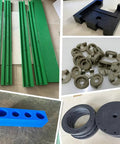 Bocolon HDPE plastic sheets collage: green profiles, blue four-hole block, gray spacers, and black flanges.
