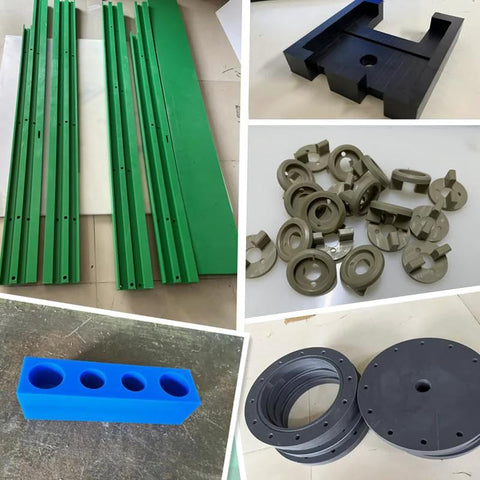 Bocolon HDPE plastic sheets collage: green profiles, blue four-hole block, gray spacers, and black flanges.