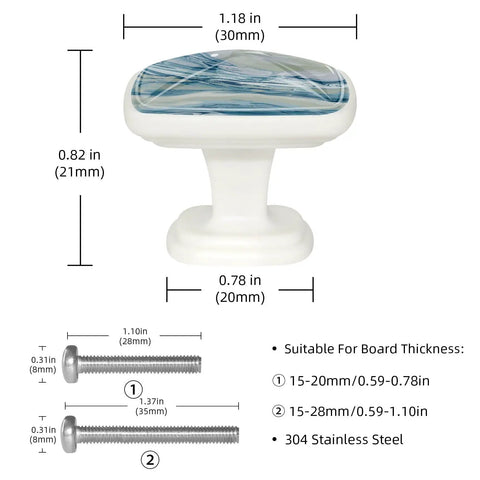 4 Pack Sharp Square Cabinet Knobs 1 2 Inch Blue Green Marble Swirl ABS Cabochon Glass Drawer Pulls For Kitchen Island Dresser Bedroom Furniture Hardware Fresh Dope Look, 1.18 inch with stainless steel screws.